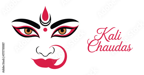 goddess kali face illustration with bold eyes and red bindi, honoring kali chaudas festival and hindu symbolism of strength and protection