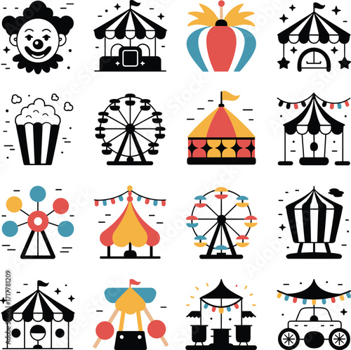 Circus and Carnival Festival Vector Icon Illustration Set. Amusement Park and Fairground Entertainment Outline Icons Collection.