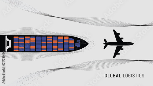 A minimalist illustration of a cargo ship and an airplane against a white background with wavy lines._