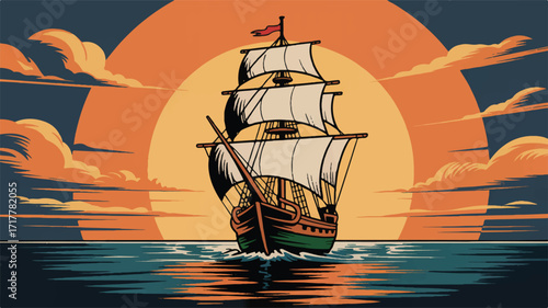 A stylized digital illustration of a tall sailing ship against a large orange sun in a circular frame.