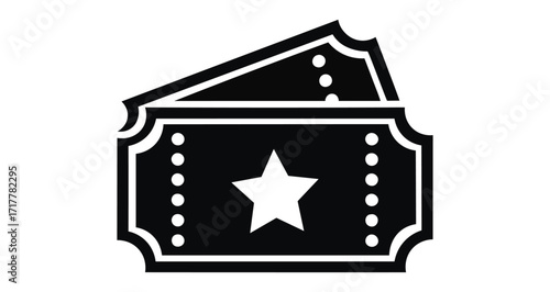 black event tickets icon with white star and perforated edges, symbolizing admission, access, entertainment, or entry pass