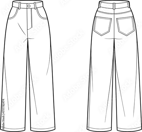High waist wide leg pants, fashion flat sketch, technical clothing illustration, front and back view, apparel design template, garment construction drawing