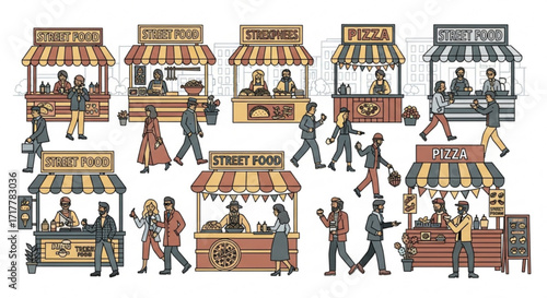 A bustling street food market with various vendors and customers, showcasing a diverse range of culinary delights