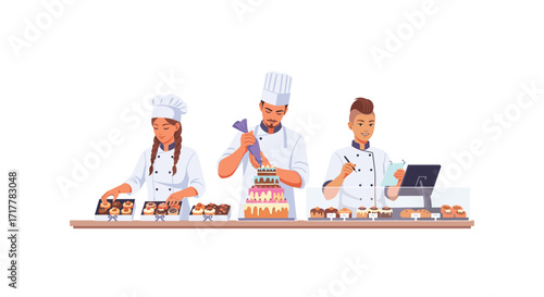Bakery Team at Work: Professional bakers preparing sweets, cakes, and pastries in a modern bakery, showcasing culinary skills and delicious treats for customers.