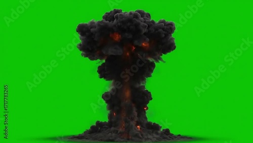 Nuclear atomic bomb explosion VFX with smoke, fire and mushroom cloud, isolated on green screen chroma key background
