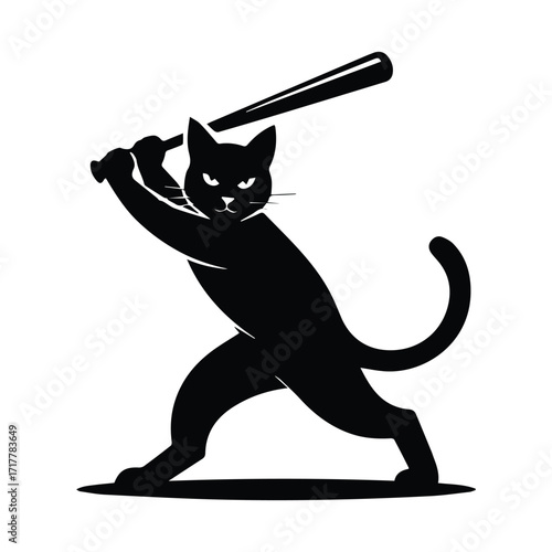 Black cat in silhouette swinging a baseball bat with determination silhouette