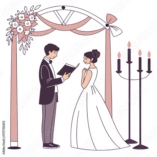 Bride and groom exchanging vows under a floral wedding arch with candelabra during ceremony