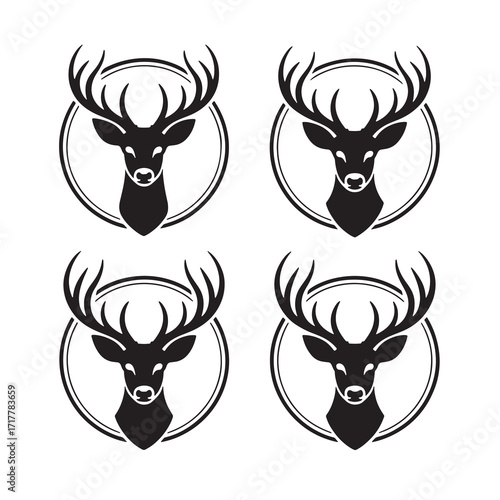 Four black silhouette deer heads in circles Keywords: deer, stag, buck, animal, wildlife, head, antlers, horns, silhouette, black, white, circle