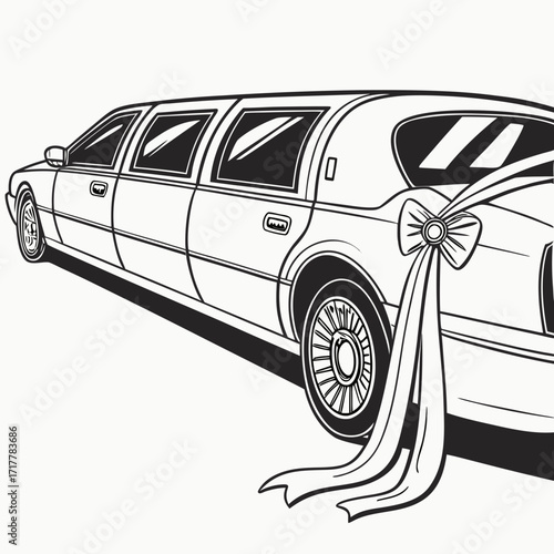 Elegant black and white illustration of a stretched limousine decorated with a large bow and ribbons for a special occasion