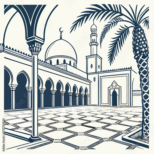 Elegant islamic mosque courtyard with arched colonnade and palm tree under clear sky