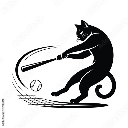 Playful black cat swinging a baseball bat at a baseball silhouette