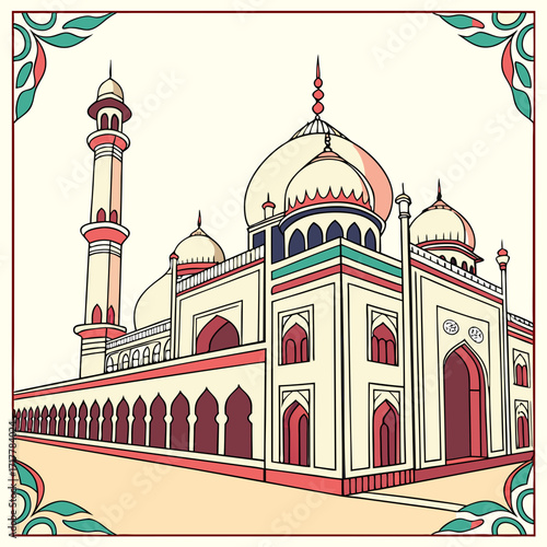 Stylized illustration of a grand ivory colored mausoleum with domes and minarets in india