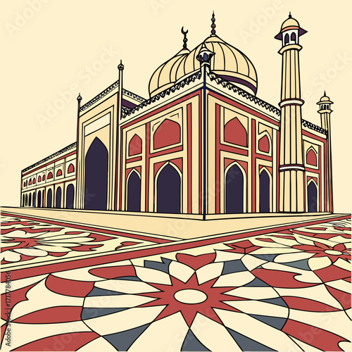 Stylized illustration of a grand mughal architectural masterpiece with intricate geometric patterns on the foreground pavement