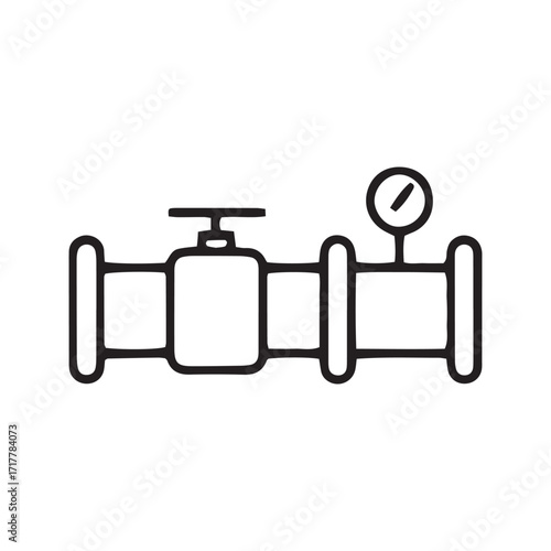 Industrial pipeline line icon, pipe with valves and gauge vector symbol. Simple outline for fluid control systems.
