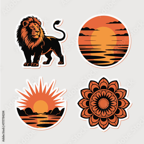Lion sunset mandala and sunburst over water stickers Keywords: lion, animal, wildlife, sunset, sun, sunrise, sunburst, mandala, pattern, geometric