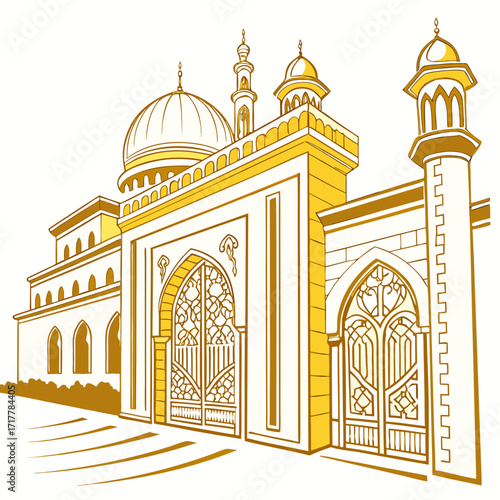 Elegant golden mosque architecture with intricate gates and domes on a white background
