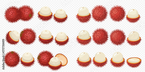 An arrangement of whole and peeled rambutan fruits, showcasing the red spiky exterior and white flesh.