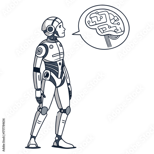 Futuristic humanoid robot with a stylized circuit board brain in a thought bubble