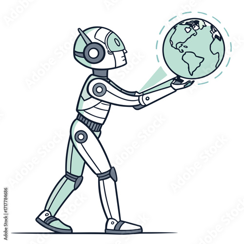 Futuristic robot character holding the planet earth in its hands symbolizing global technology and artificial intelligence