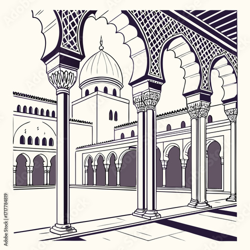 Intricate islamic architecture with arches columns and dome in a courtyard setting