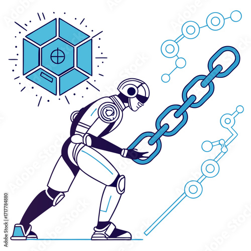 Robot building a strong digital blockchain chain with a futuristic hexagonal data block element