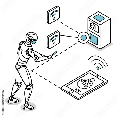 Robot interacts with smart devices and network hub using a tablet and wireless connections