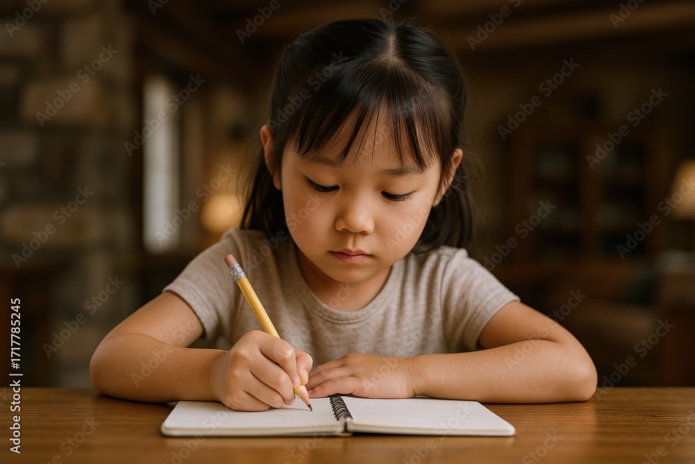 Focused Young Asian Girl Engaged in Writing or Drawing in a Notebook at a Table
