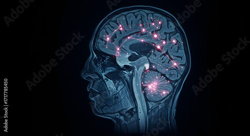 Human brain scan with glowing neural connections visualized on a dark background image illustration