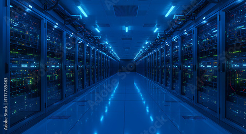 A long corridor filled with server racks and blue lighting creating a futuristic atmosphere inside