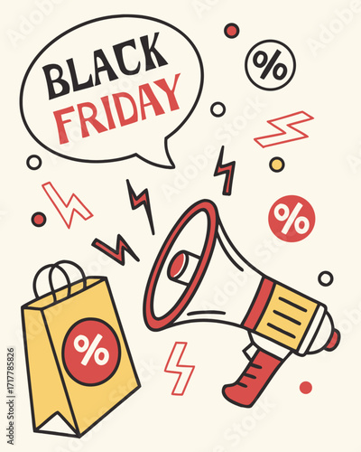 Black Friday banner. In the center of the composition is a megaphone announcing a mega sale, surrounded by universal discount icons. For social networks, websites, emails, flyers and posters