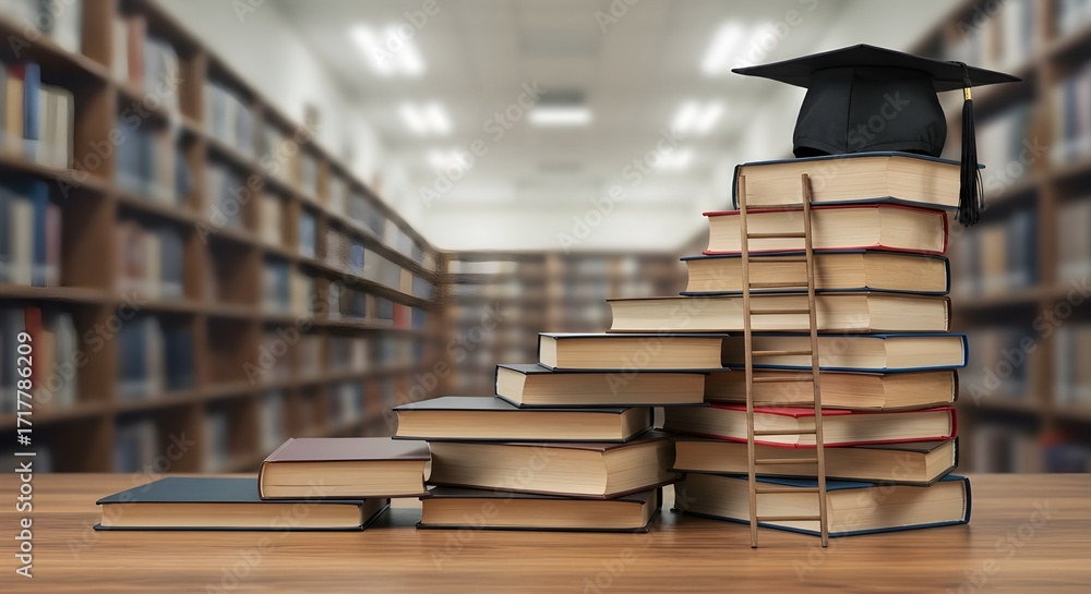 Fototapeta premium Stack of books with graduation cap and ladder in library education concept
