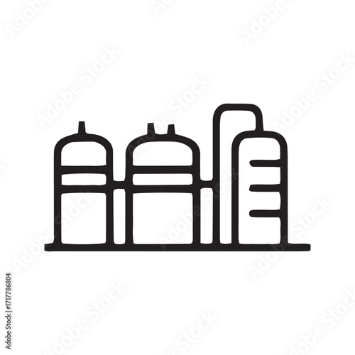 Oil refinery line icon, industrial plant vector symbol. Simple outline of a petroleum processing factory with flare stack and storage tanks.
