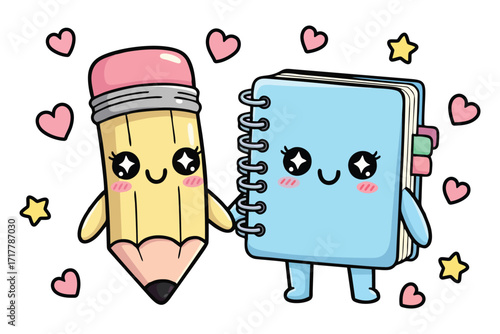 Cute cartoon pencil and notebook holding hands surrounded by hearts and stars