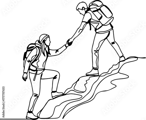 Line art of hikers helping each other up a hill