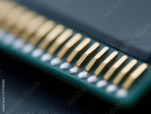 Close up macro of gold plated electronic chip connectors on circuit board showing detailed texture and sharp focus
