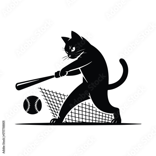 Black cat in silhouette swinging a baseball bat at a baseball silhouette