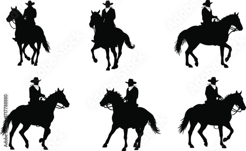 Cowboy on Horseback Silhouettes, Illustrating Western Rodeo Culture and Wild West Adventure, Ideal for Country and Horseback Riding Themes.