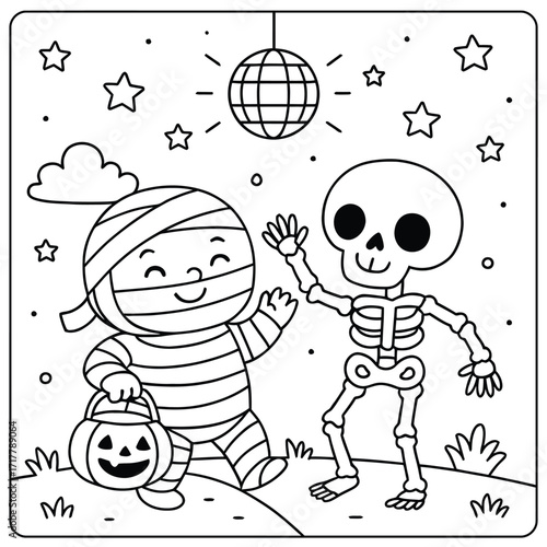 Coloring page of a mummy and skeleton dancing under a disco ball with stars around them
