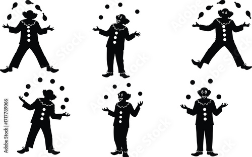 Juggling Clown Silhouettes, Portraying Circus Performers with Clubs and Balls, Ideal for Theme Parks, Entertainment, and Funfair Promotions.