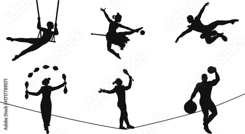 Circus Acrobat Silhouettes: Illustrating Gymnasts, Jugglers, and Strongmen, Showcasing Strength, Balance, and Entertainment in Performance.