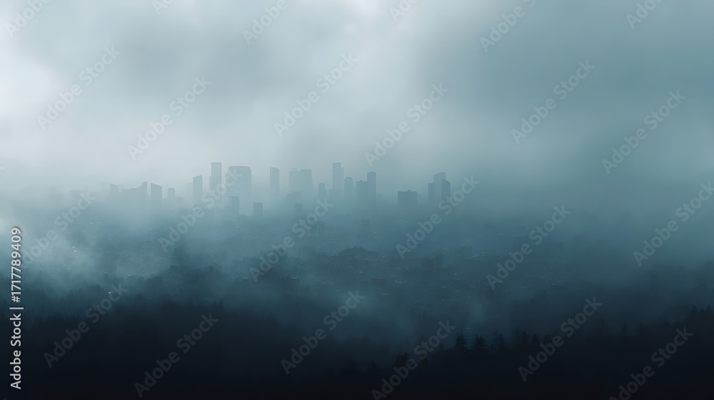 Fototapeta premium A dense fog or smog blankets a city skyline obscuring buildings and creating a moody atmospheric view over a dark forest