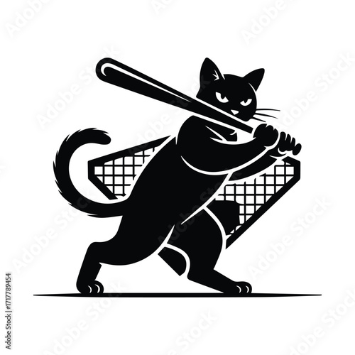 Black cat silhouette swinging baseball bat with diamond background silhouette