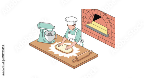 Baker Preparing Dough with Mixer and Rolling Pin near Brick Oven - Illustration of Baking Process and Homemade Food, Focus on Culinary Arts