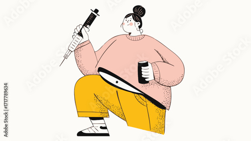 Playful vector illustration of woman with oversized syringe symbolizing weight loss treatment concept