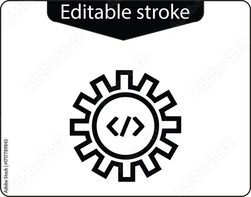 A minimalist outline icon of a gear with code tags, representing software development, programming settings, and technical engineering for various digital platforms.