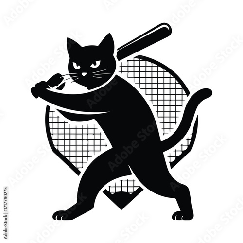Black cat silhouette swinging a baseball bat with a baseball diamond silhouette