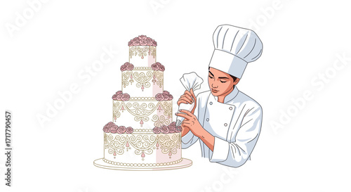 Professional Baker Decorating a Four-Tiered Wedding Cake with Pink Roses and Golden Scrollwork Icing Details, Artistic Hand-Drawn Illustration on White Background