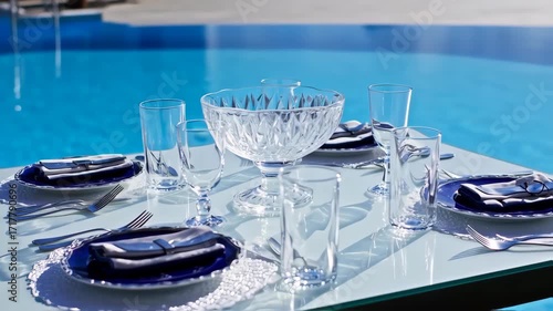 Outdoor dining table setting by a pool