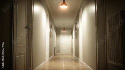 Inviting residential hallway featuring warm lighting  neutral wall tones  and clean architectural lines for elegant home design