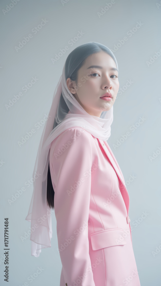 Fototapeta premium Elegant woman in pink suit with light scarf, showcasing modern and sophisticated style. soft background enhances her graceful presence